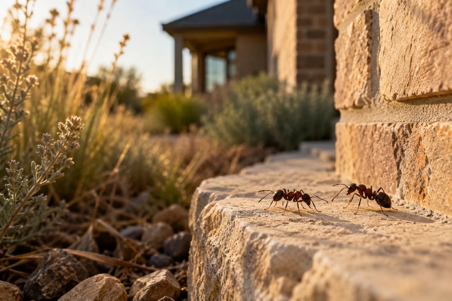 Two ants on a stone garden edge beside an exterior wall