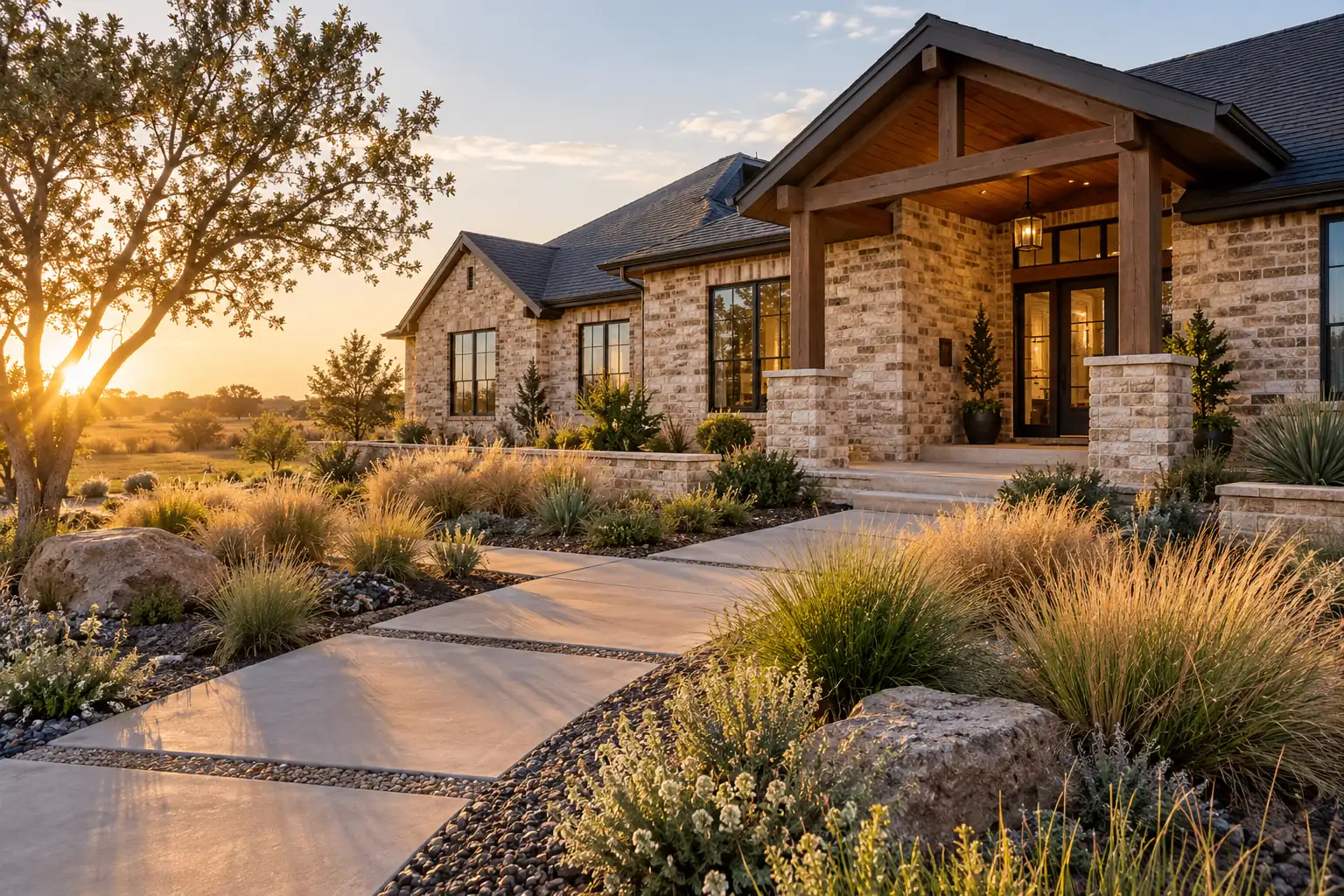 Welcoming Amarillo style home entrance with a planted garden