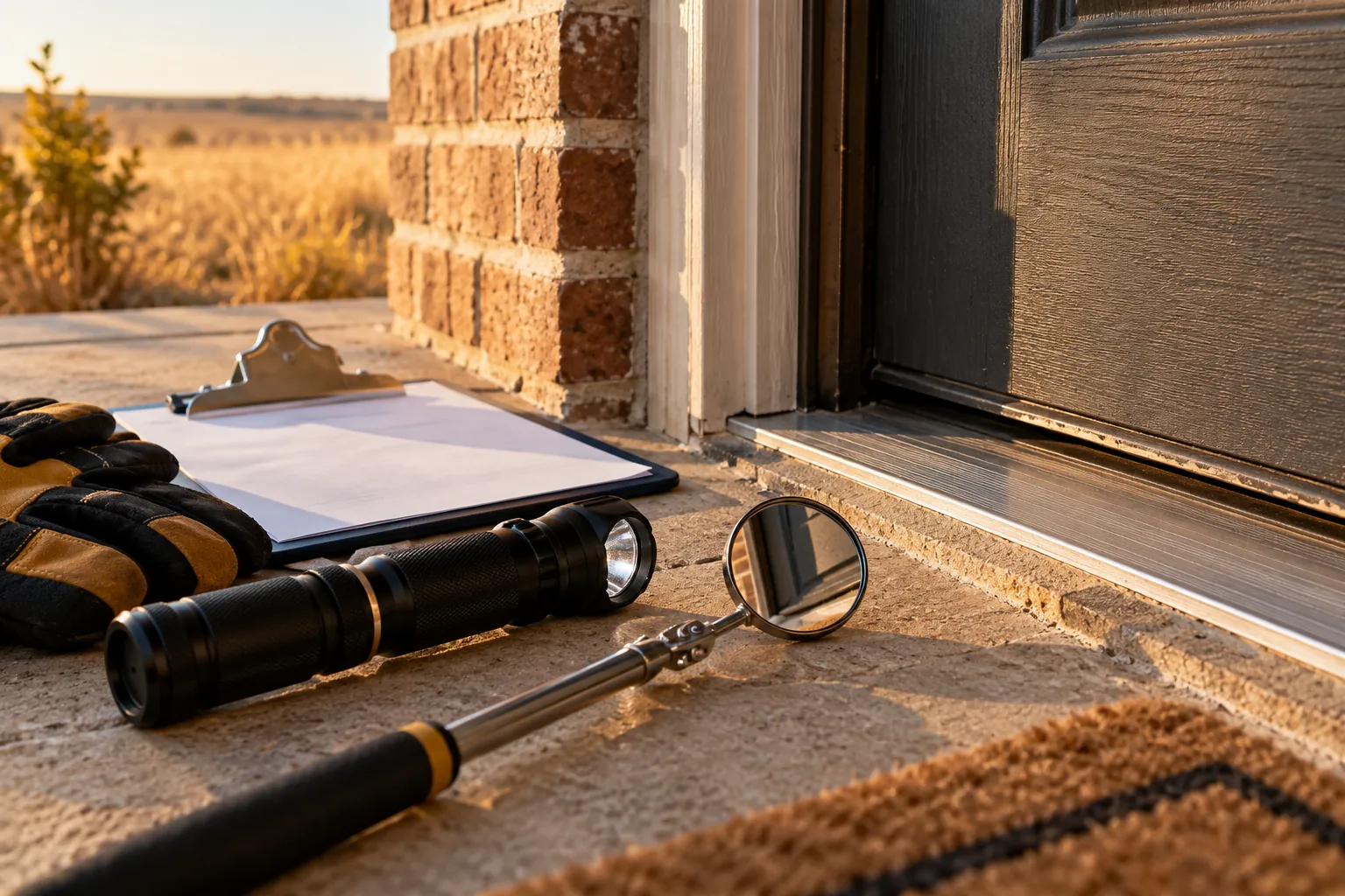 Flashlight, mirror and gloves beside a door threshold for pest inspection