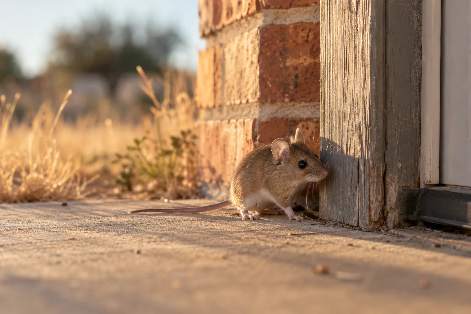 House mouse beside an exterior garage threshold