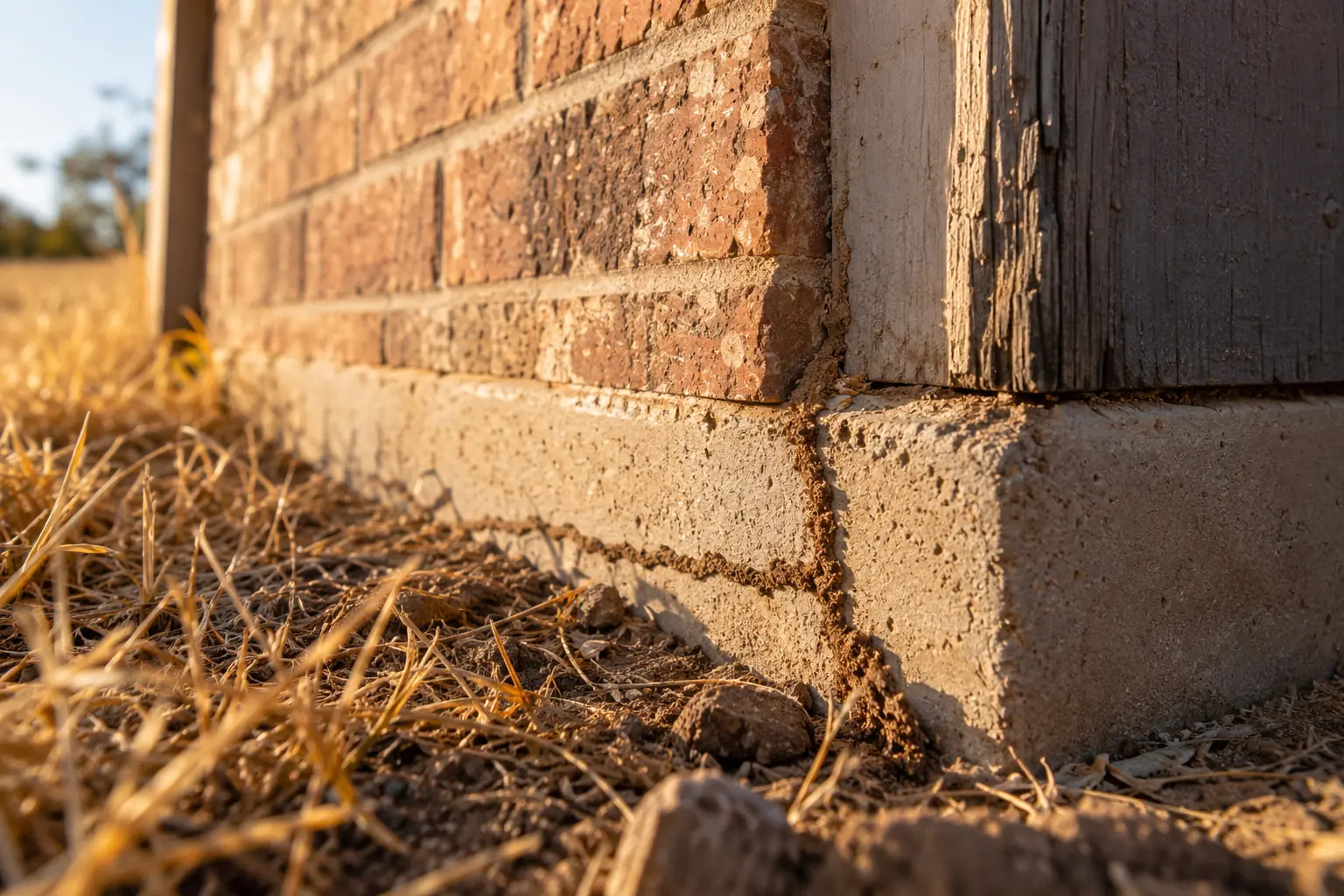 Earthen termite mud tube along a foundation and timber trim